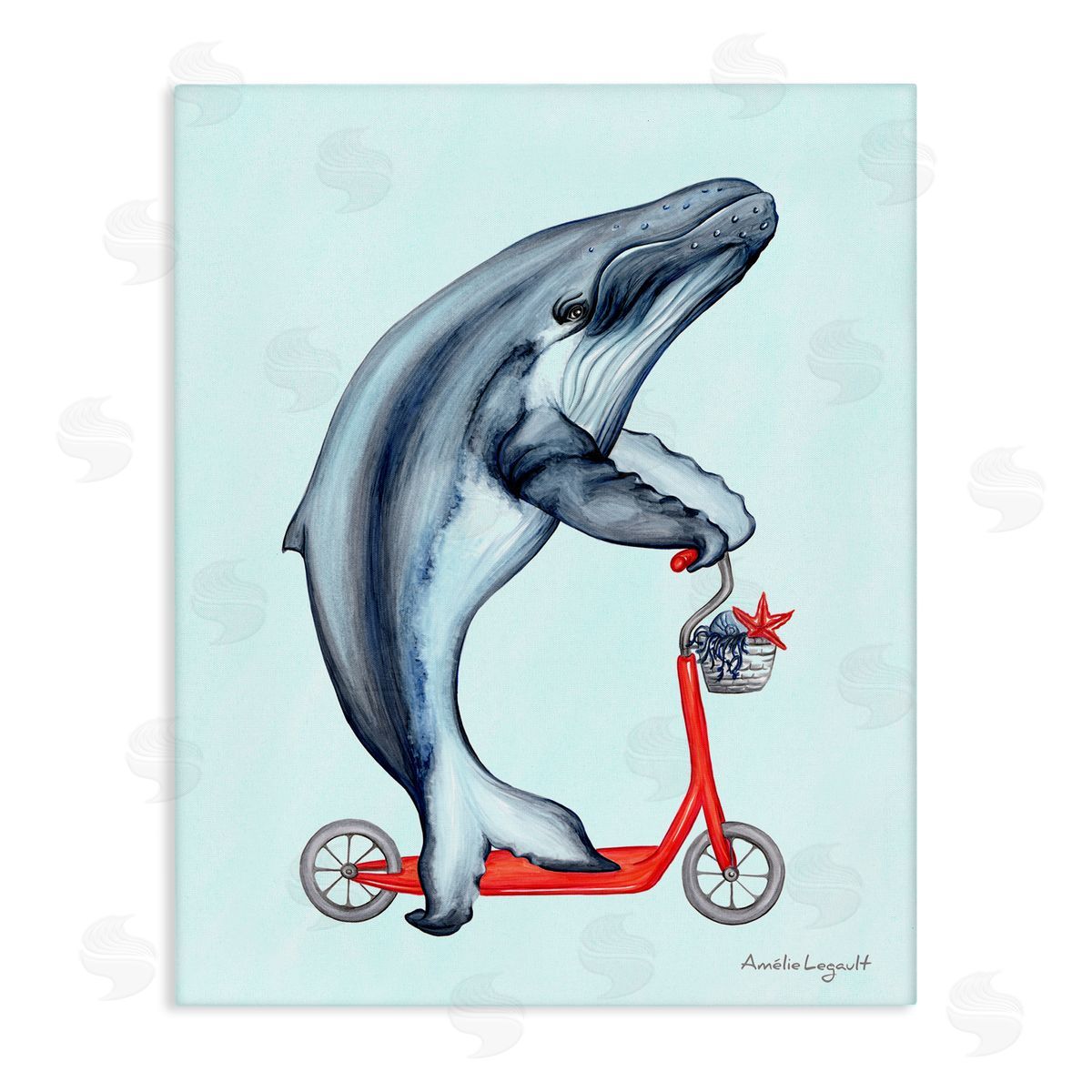 Amelie Legault Whale Riding Red Scooter Marine Sea Life Stretched Canvas Wall Art Print