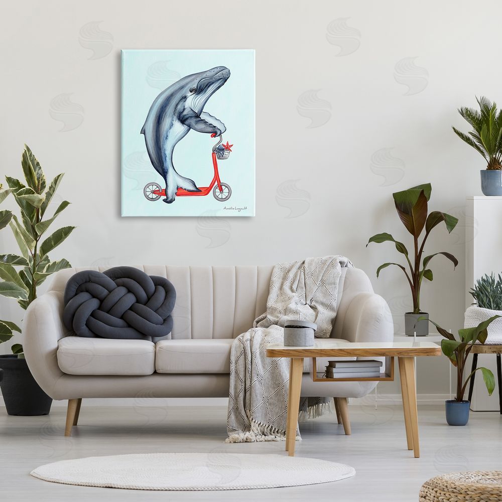 Amelie Legault Whale Riding Red Scooter Marine Sea Life Canvas Wall Art Print in Room