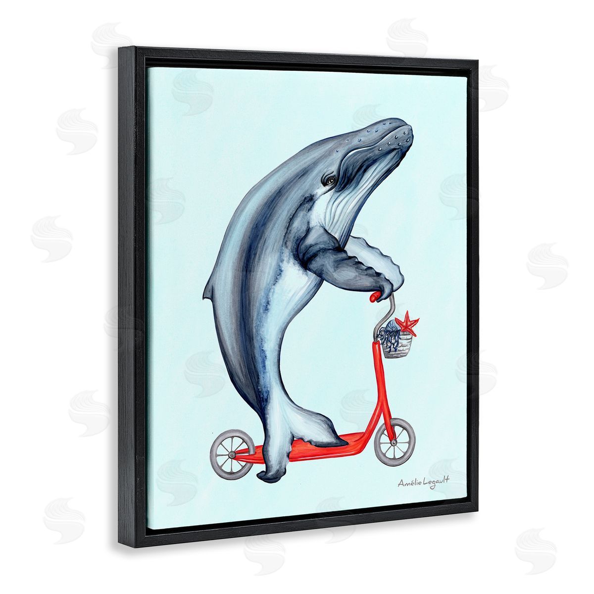 Amelie Legault Whale Riding Red Scooter Marine Sea Life Black Floating Frame Canvas Wall Art Print