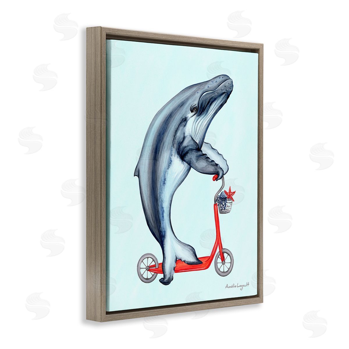 Amelie Legault Whale Riding Red Scooter Marine Sea Life Brown Floating Frame Canvas Wall Art Print