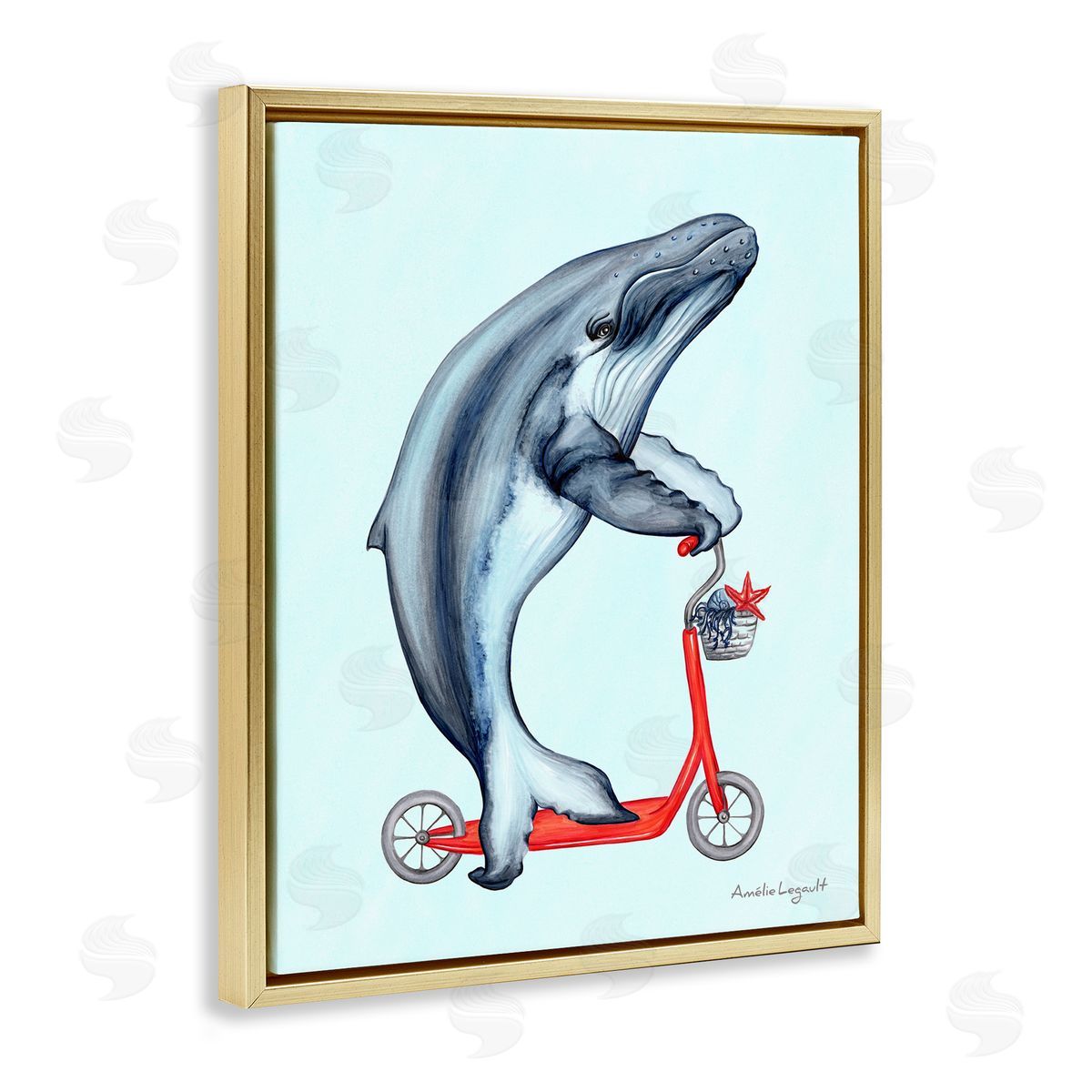 Amelie Legault Whale Riding Red Scooter Marine Sea Life Gold Floating Frame Canvas Wall Art Print