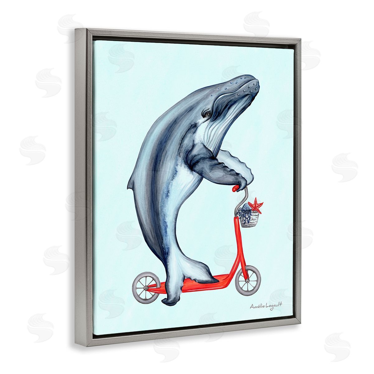 Amelie Legault Whale Riding Red Scooter Marine Sea Life Gray Floating Frame Canvas Wall Art Print