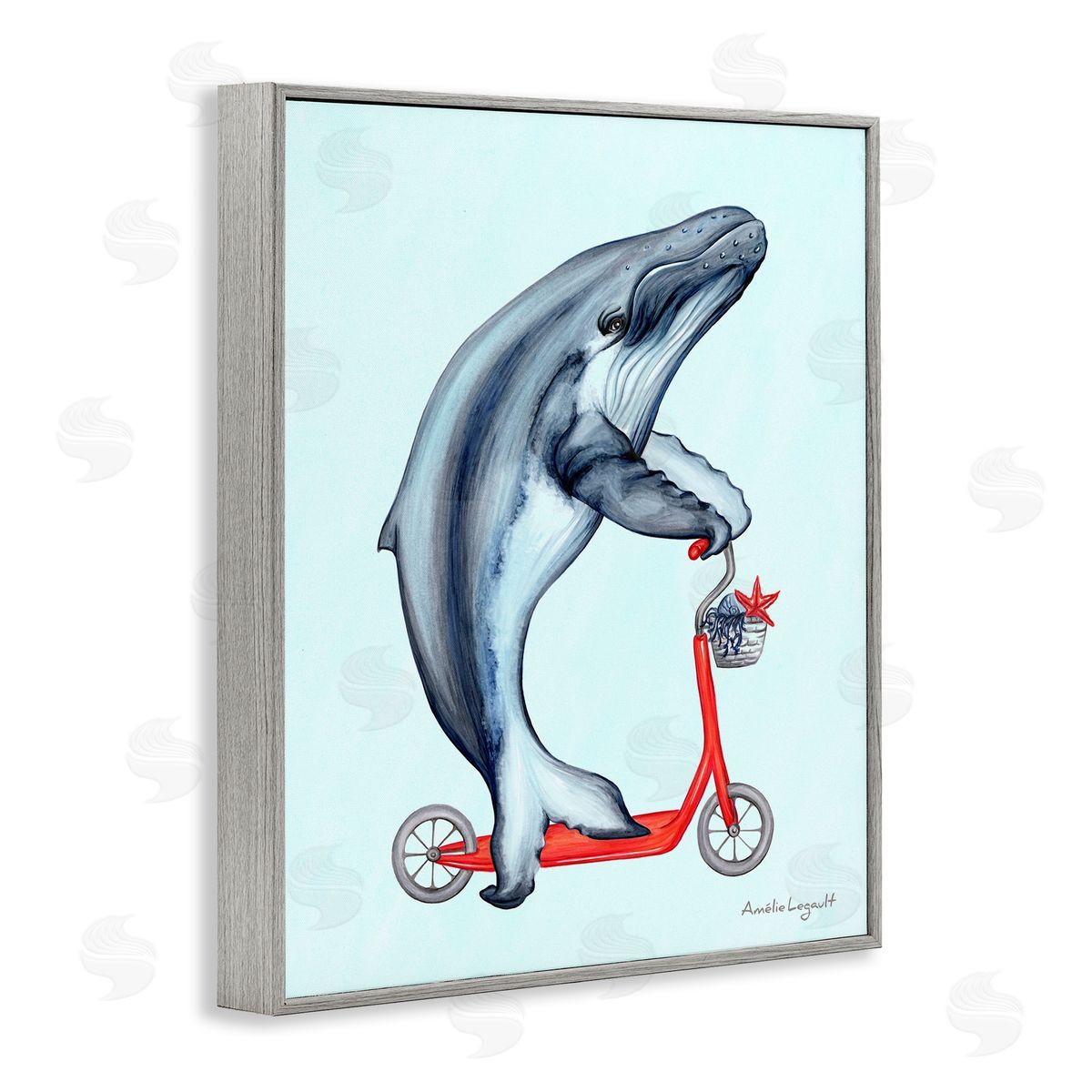 Amelie Legault Whale Riding Red Scooter Marine Sea Life Gray Framed Giclee Wall Art Print