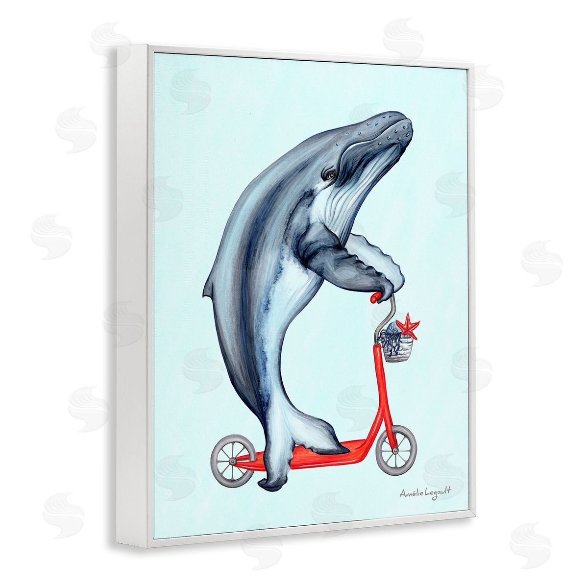 Amelie Legault Whale Riding Red Scooter Marine Sea Life White Framed Giclee Wall Art Print