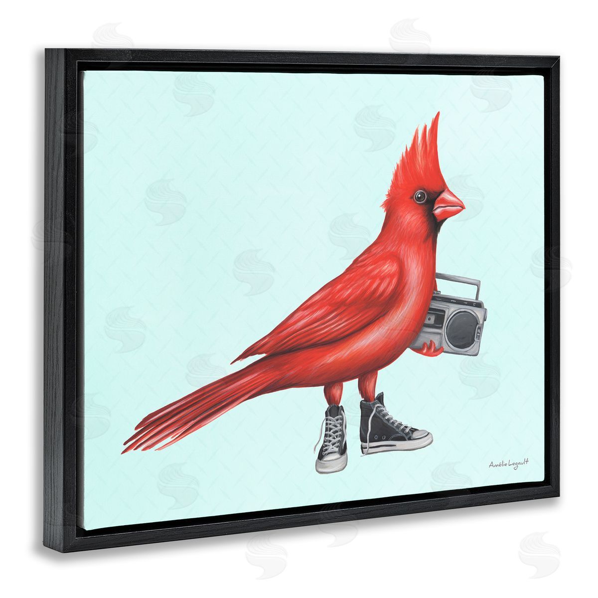 Amelie Legault Cardinal Bird Black Sneakers Retro Boombox Illustration Black Floating Frame Canvas Wall Art Print