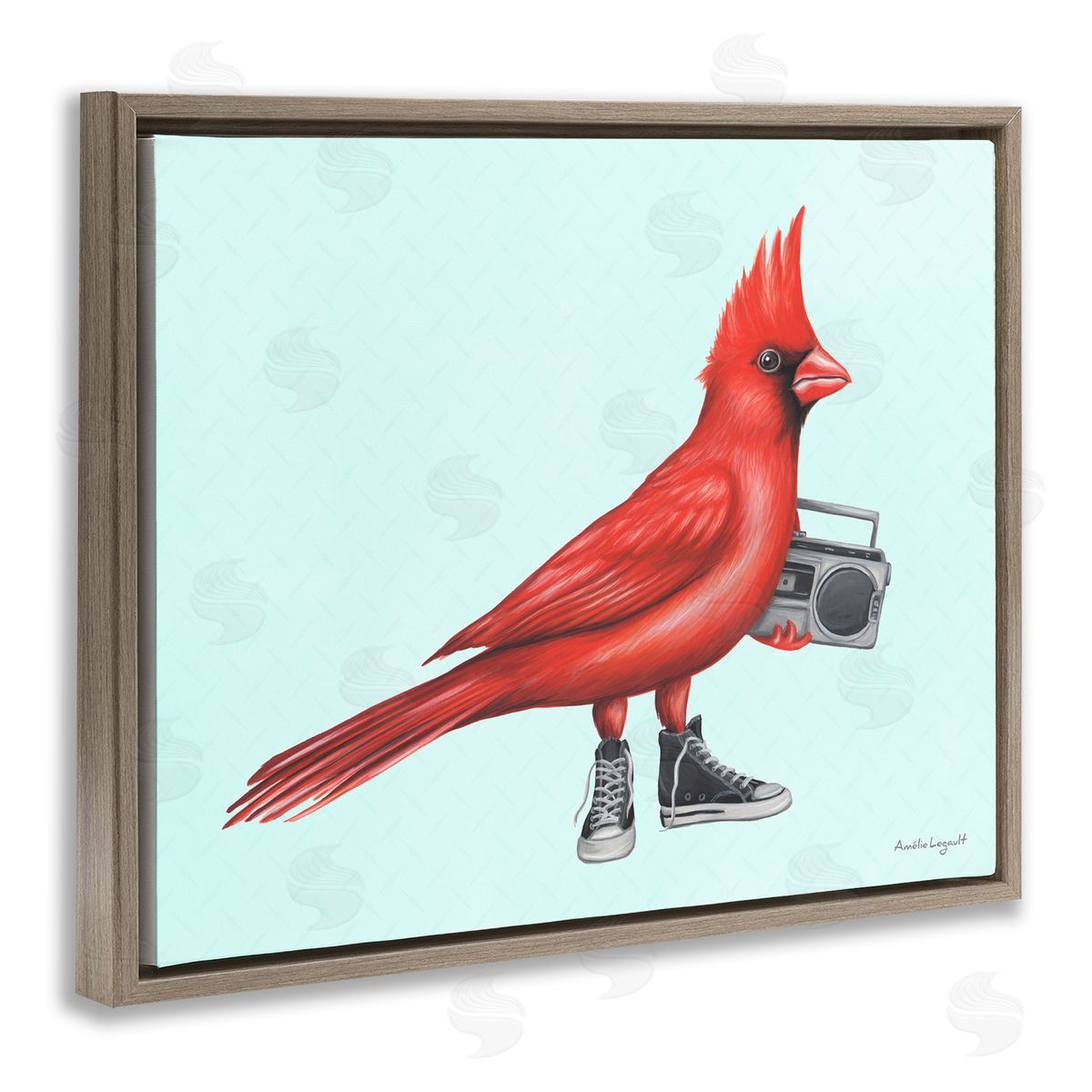 Amelie Legault Cardinal Bird Black Sneakers Retro Boombox Illustration Brown Floating Frame Canvas Wall Art Print