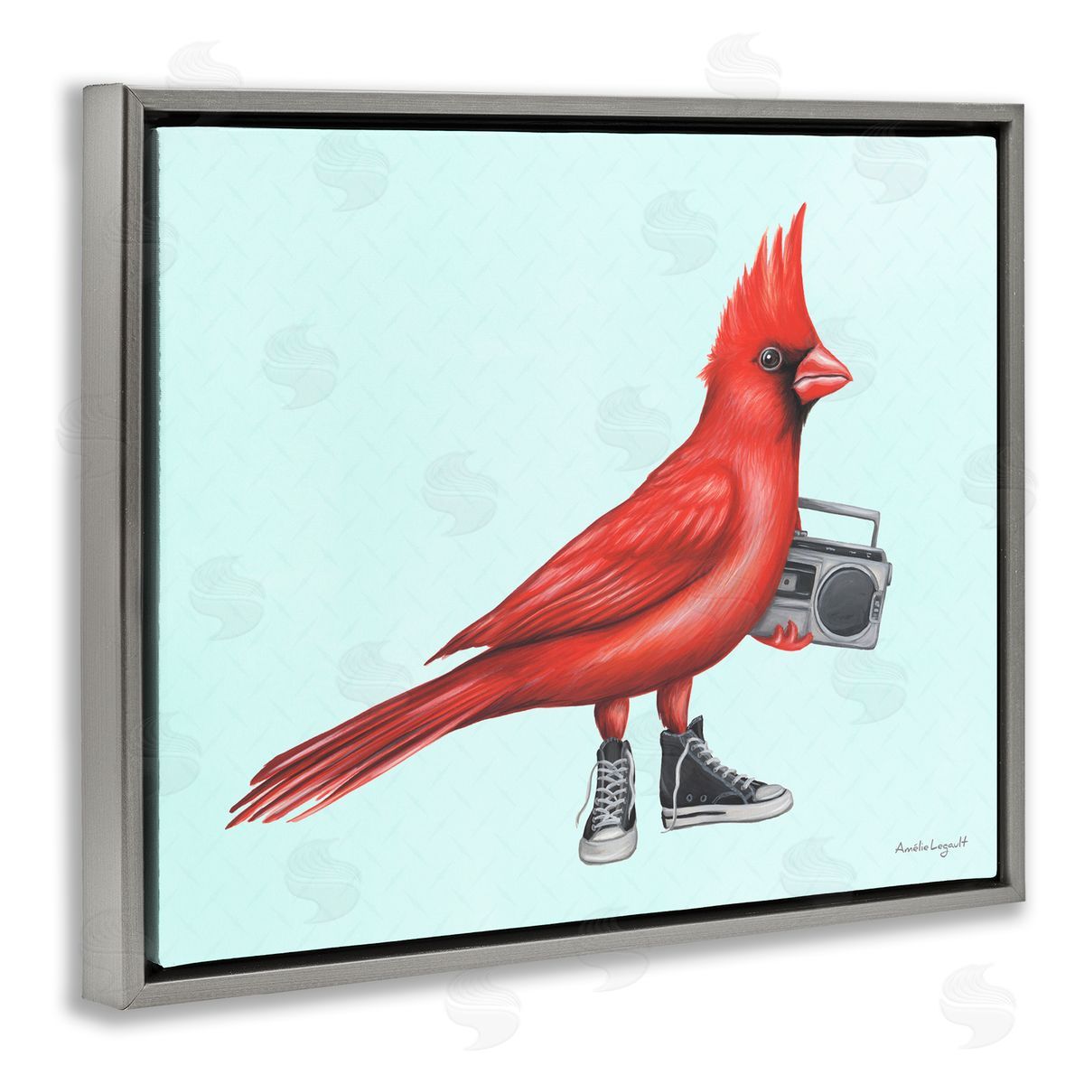 Amelie Legault Cardinal Bird Black Sneakers Retro Boombox Illustration Gray Floating Frame Canvas Wall Art Print