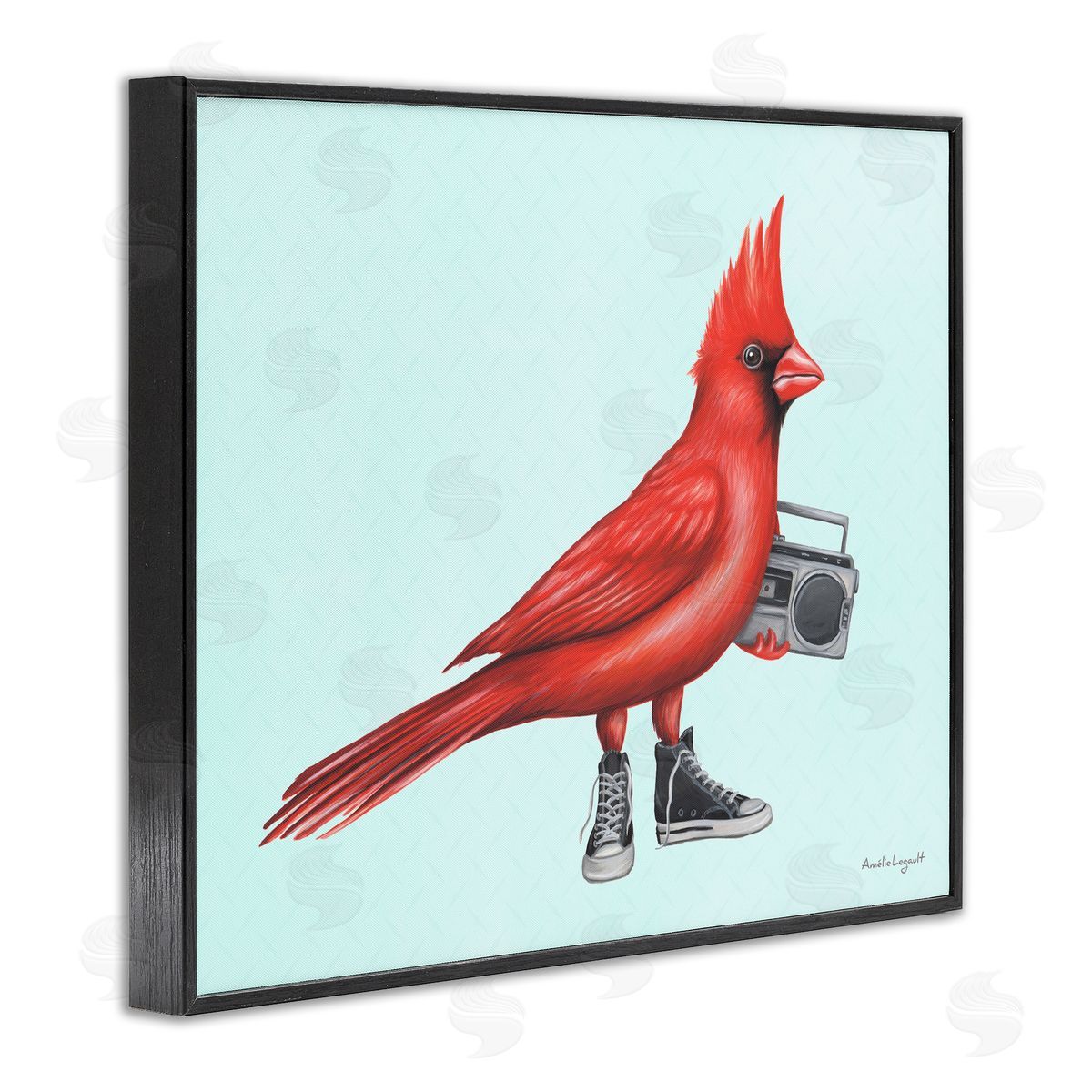 Amelie Legault Cardinal Bird Black Sneakers Retro Boombox Illustration Black Framed Giclee Wall Art Print