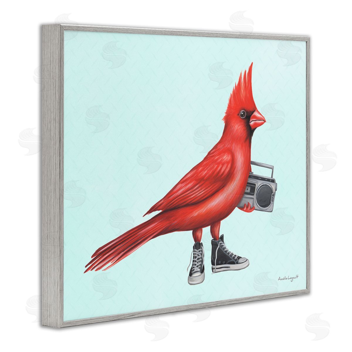Amelie Legault Cardinal Bird Black Sneakers Retro Boombox Illustration Gray Framed Giclee Wall Art Print