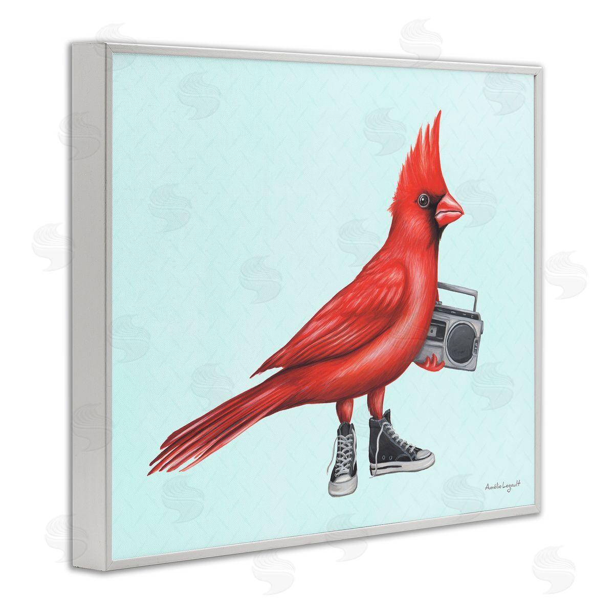 Amelie Legault Cardinal Bird Black Sneakers Retro Boombox Illustration White Framed Giclee Wall Art Print