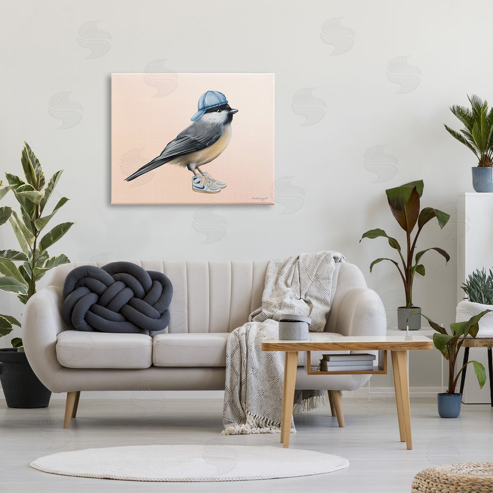 Amelie Legault Hip Chickadee Bird Backwards Hat Trendy Sneakers  Canvas Wall Art Print in Room