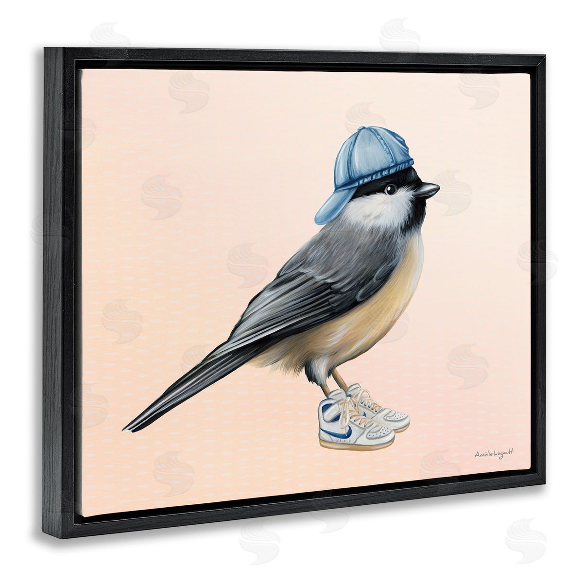 Amelie Legault Hip Chickadee Bird Backwards Hat Trendy Sneakers  Black Floating Frame Canvas Wall Art Print