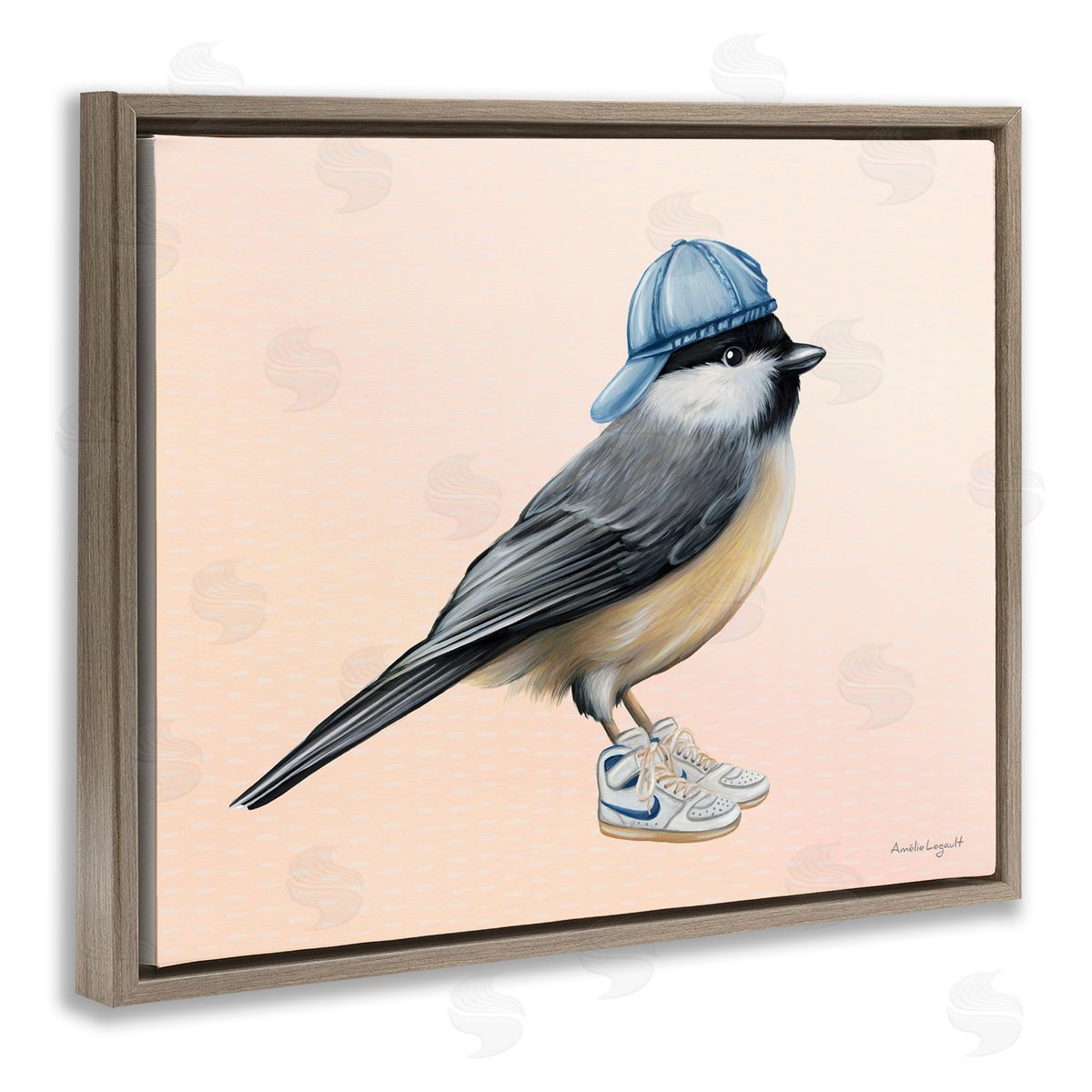 Amelie Legault Hip Chickadee Bird Backwards Hat Trendy Sneakers  Brown Floating Frame Canvas Wall Art Print