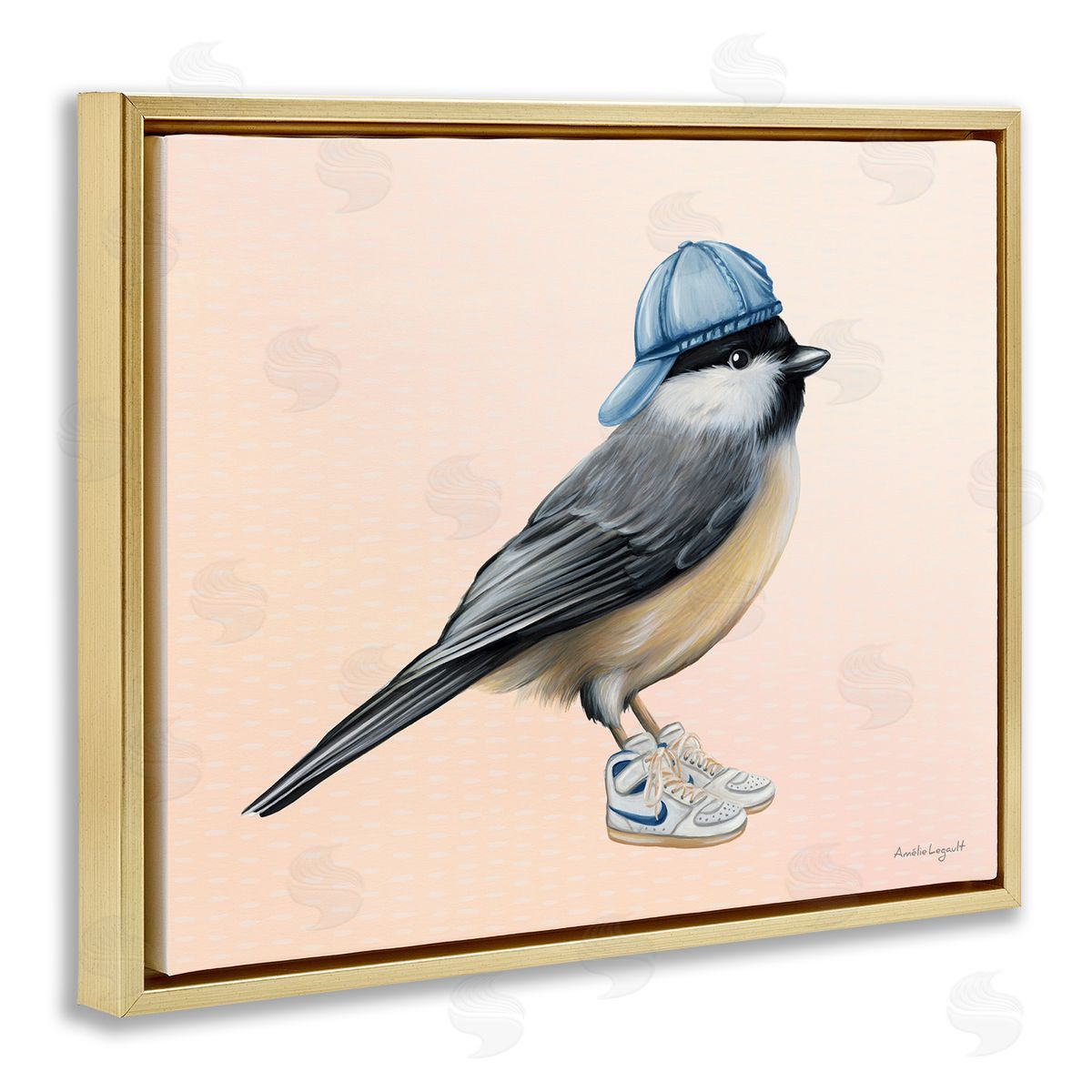 Amelie Legault Hip Chickadee Bird Backwards Hat Trendy Sneakers  Gold Floating Frame Canvas Wall Art Print