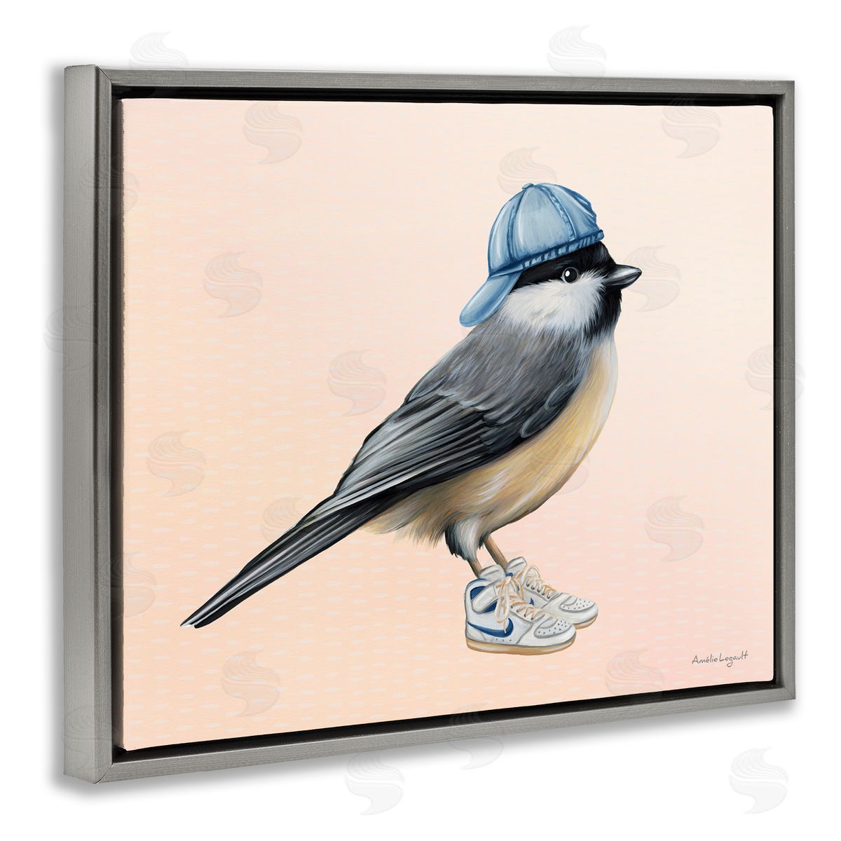 Amelie Legault Hip Chickadee Bird Backwards Hat Trendy Sneakers  Gray Floating Frame Canvas Wall Art Print