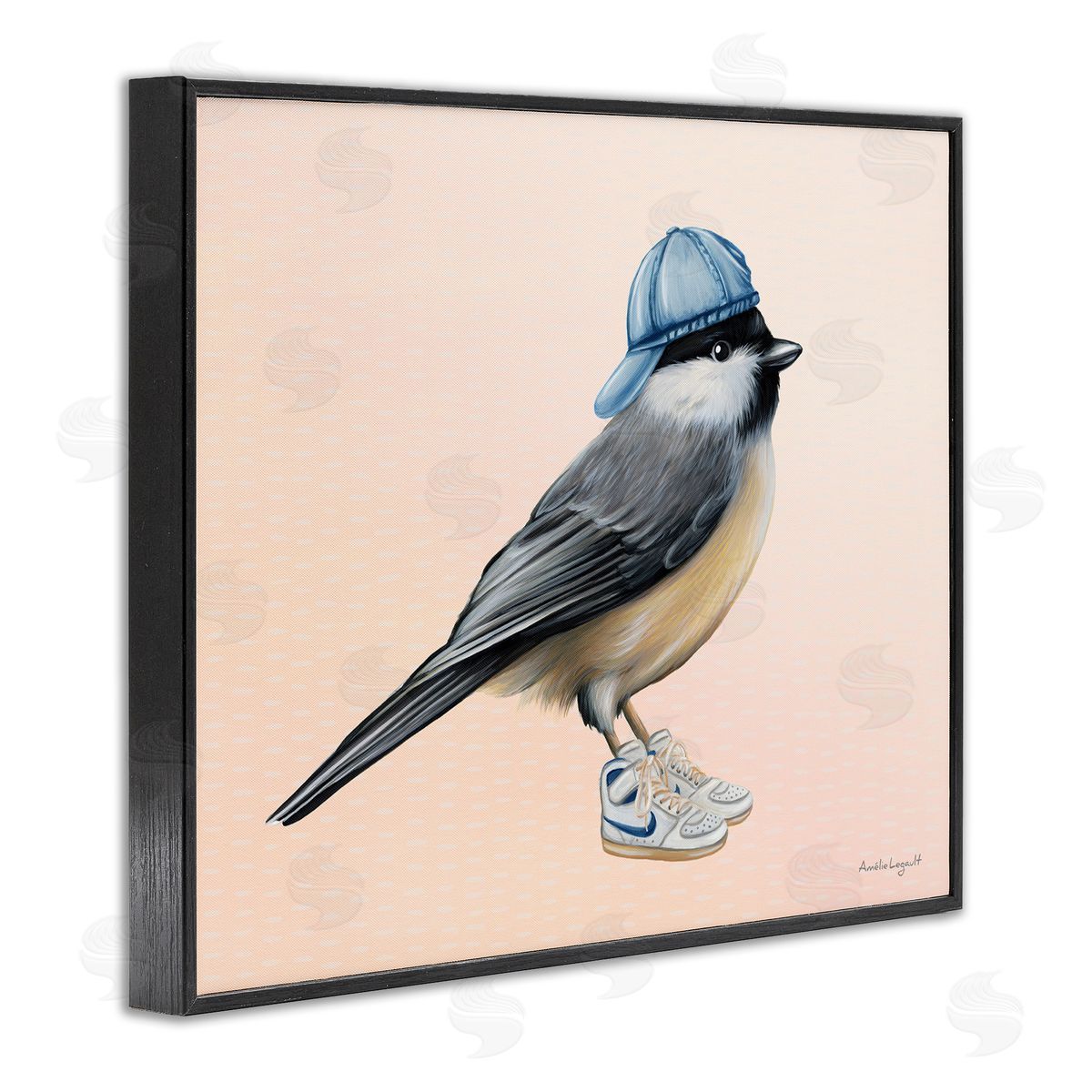 Amelie Legault Hip Chickadee Bird Backwards Hat Trendy Sneakers  Black Framed Giclee Wall Art Print
