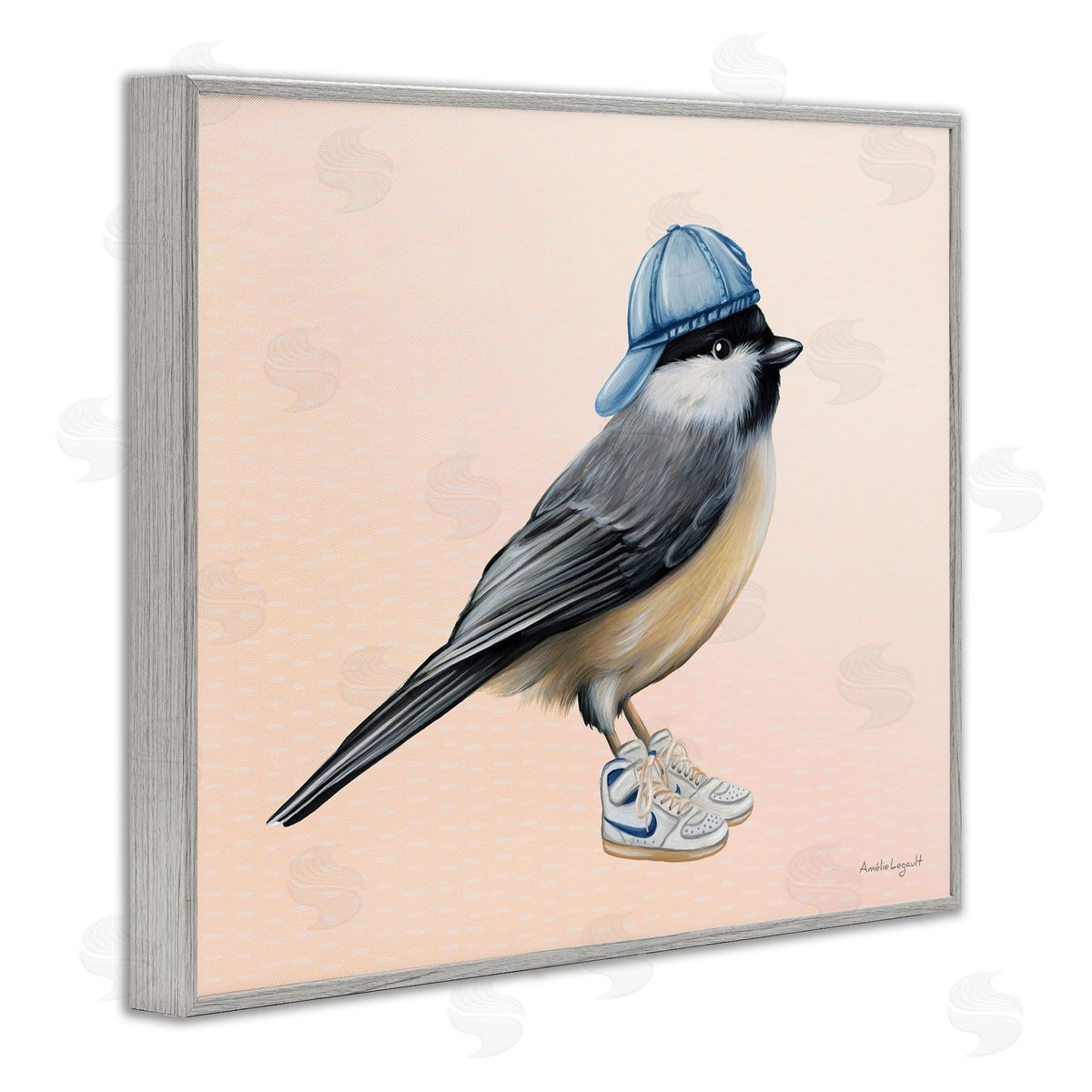 Amelie Legault Hip Chickadee Bird Backwards Hat Trendy Sneakers  Gray Framed Giclee Wall Art Print