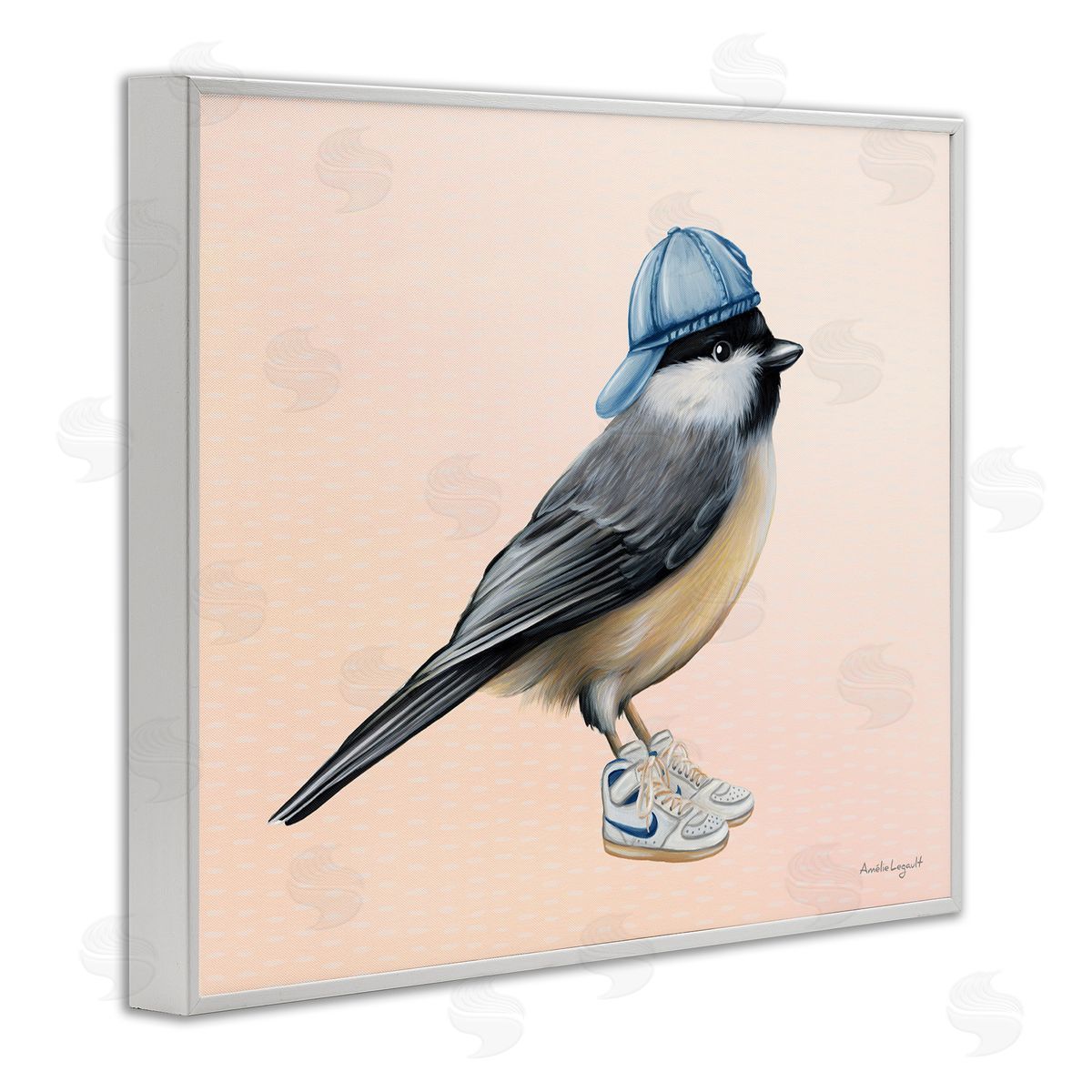 Amelie Legault Hip Chickadee Bird Backwards Hat Trendy Sneakers  White Framed Giclee Wall Art Print