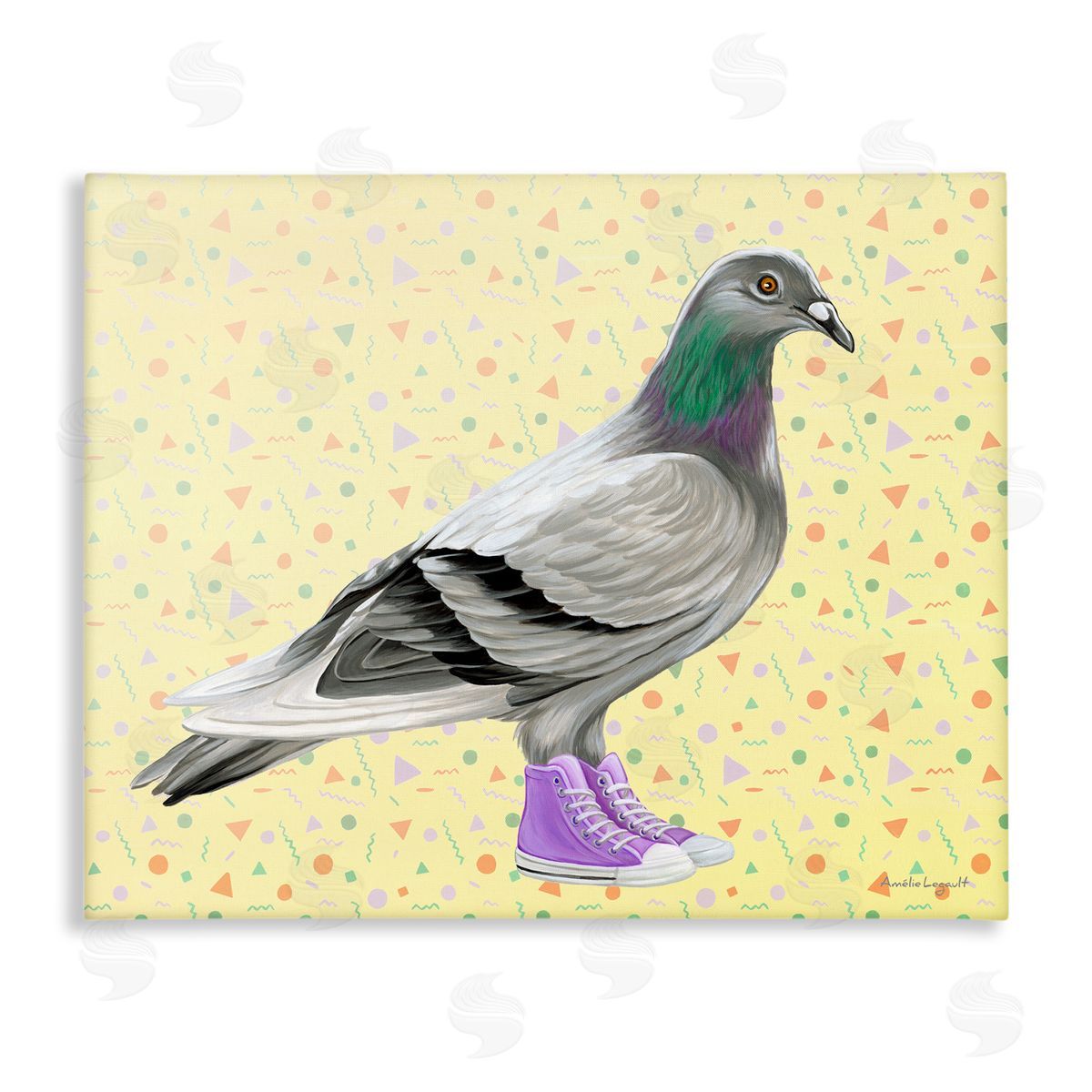 Amelie Legault Pigeon In Purple Sneakers Retro Patterned  Stretched Canvas Wall Art Print