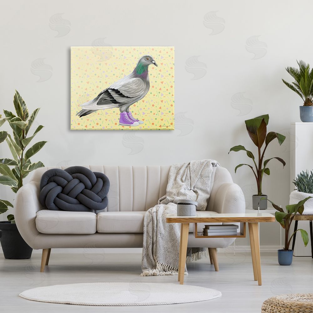 Amelie Legault Pigeon In Purple Sneakers Retro Patterned  Canvas Wall Art Print in Room