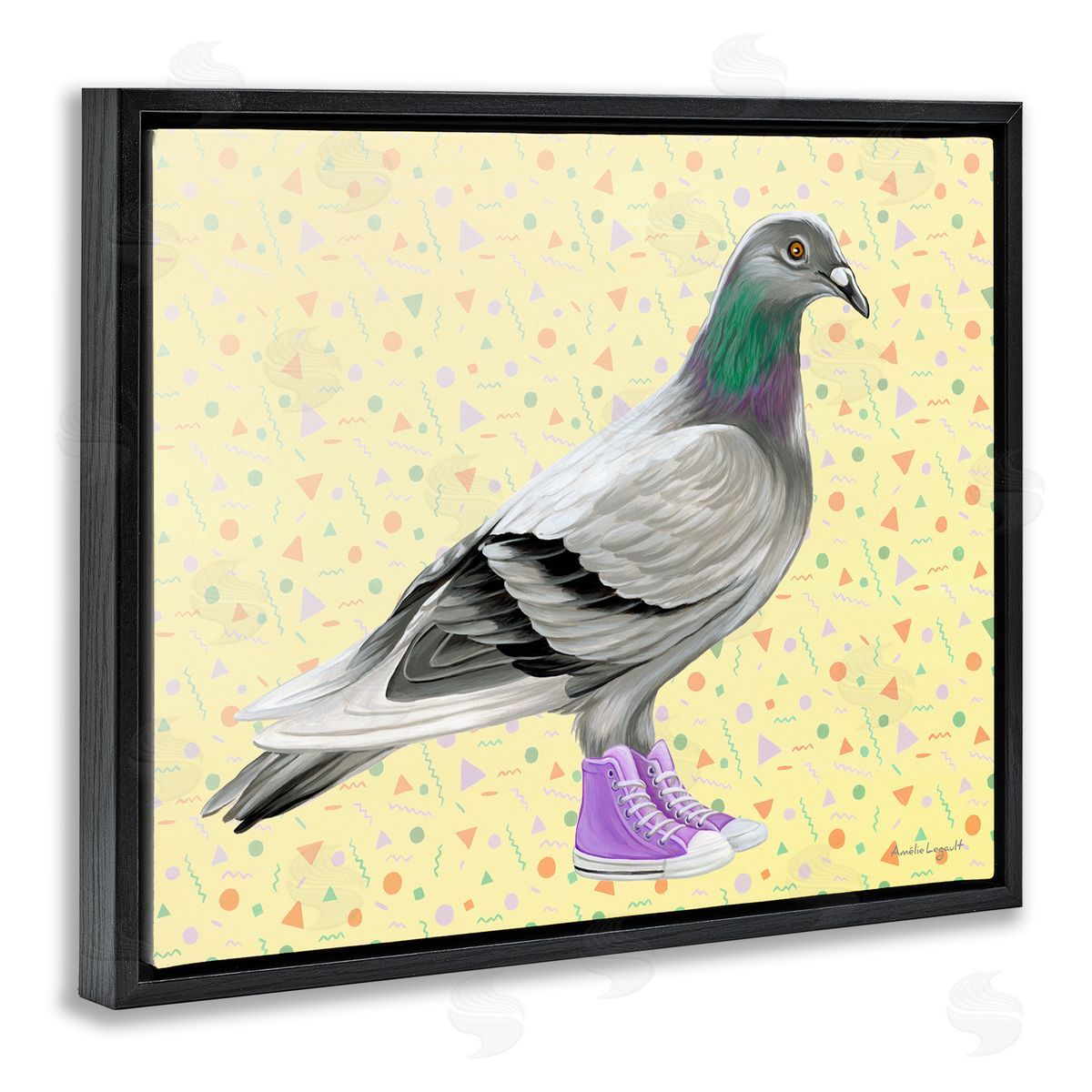 Amelie Legault Pigeon In Purple Sneakers Retro Patterned  Black Floating Frame Canvas Wall Art Print