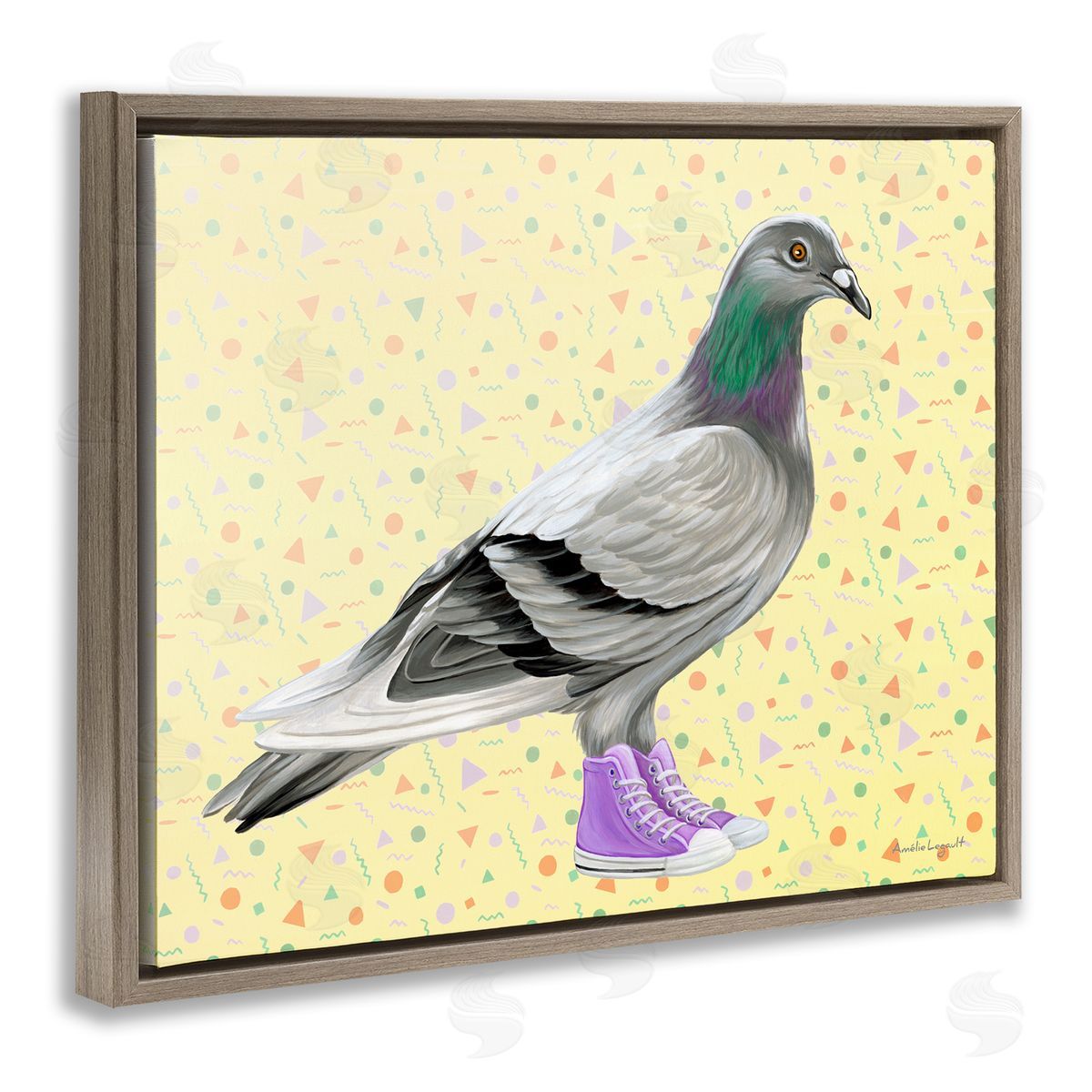 Amelie Legault Pigeon In Purple Sneakers Retro Patterned  Brown Floating Frame Canvas Wall Art Print