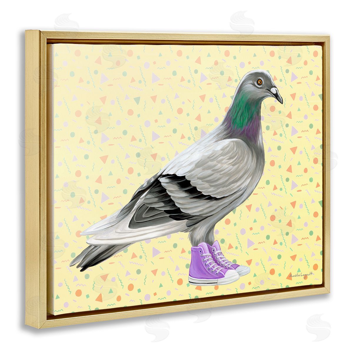 Amelie Legault Pigeon In Purple Sneakers Retro Patterned  Gold Floating Frame Canvas Wall Art Print