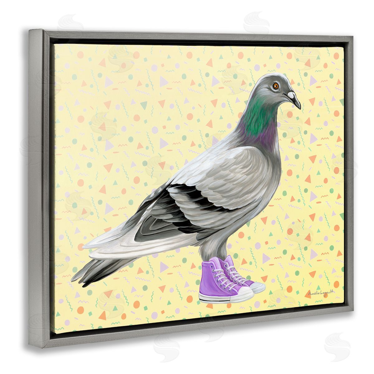 Amelie Legault Pigeon In Purple Sneakers Retro Patterned  Gray Floating Frame Canvas Wall Art Print