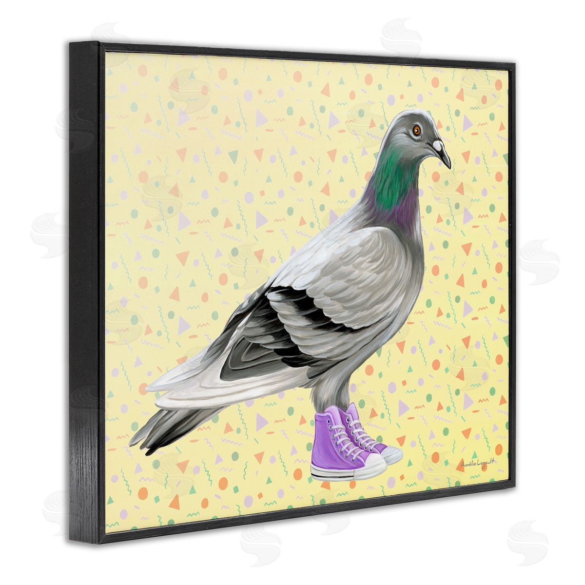 Amelie Legault Pigeon In Purple Sneakers Retro Patterned  Black Framed Giclee Wall Art Print
