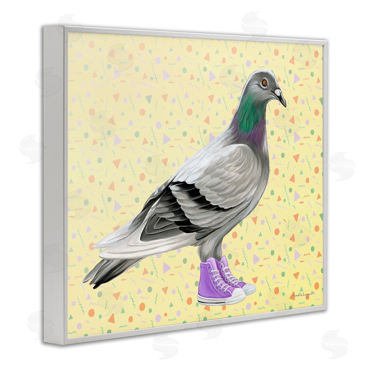 Amelie Legault Pigeon In Purple Sneakers Retro Patterned  White Framed Giclee Wall Art Print