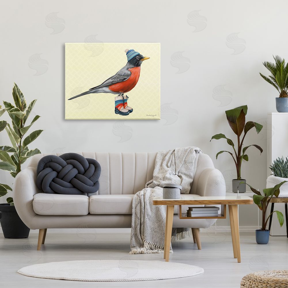 Amelie Legault Robin Cozy Winter Boots Hat Yellow Hatched Pattern Canvas Wall Art Print in Room