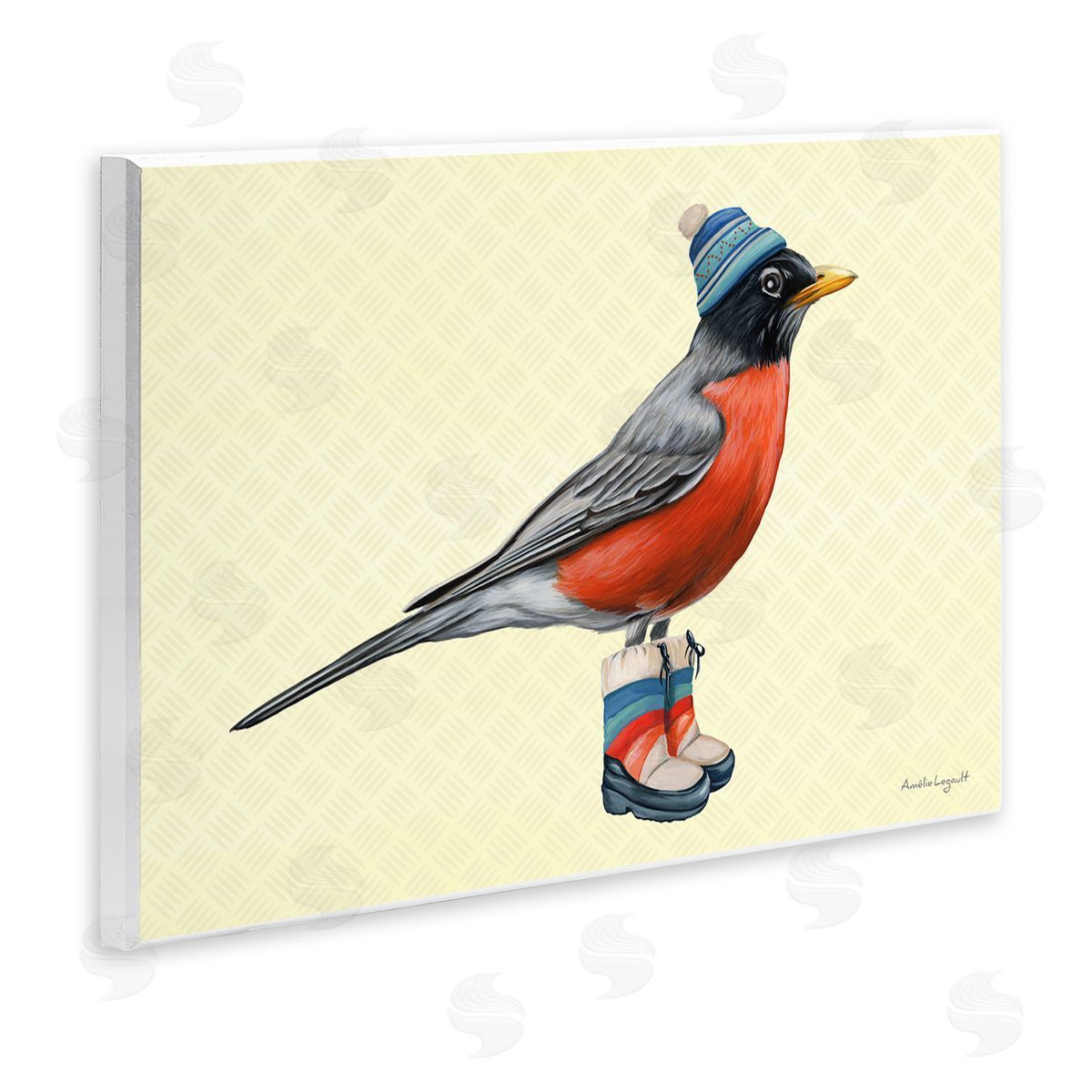 Amelie Legault Robin Cozy Winter Boots Hat Yellow Hatched Pattern Wall Plaque Art Print
