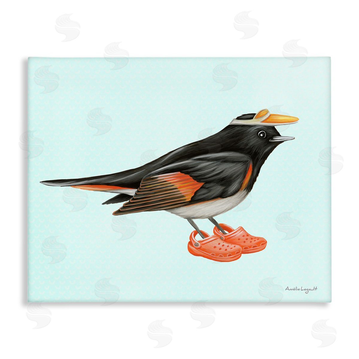 Amelie Legault Black Orange Bird Wearing Rubber Clogs Visor Stretched Canvas Wall Art Print