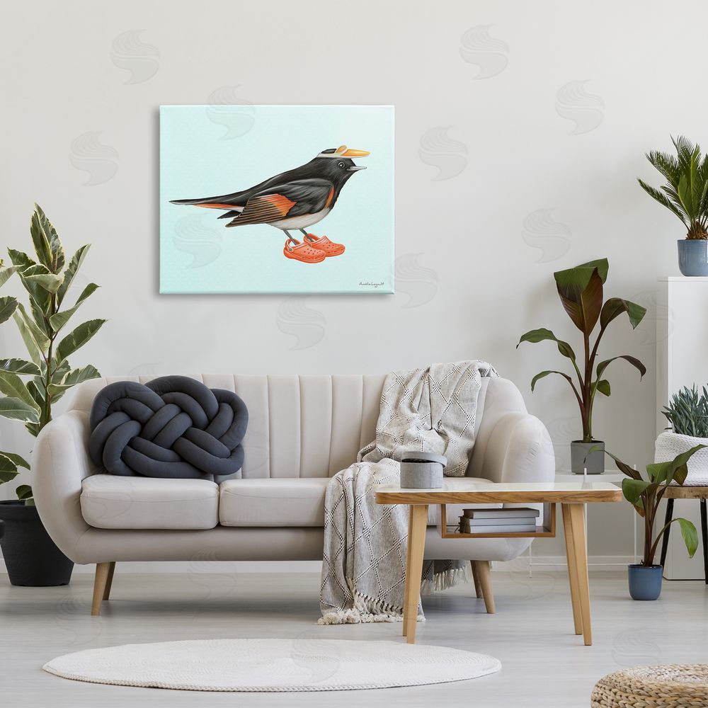 Amelie Legault Black Orange Bird Wearing Rubber Clogs Visor Canvas Wall Art Print in Room