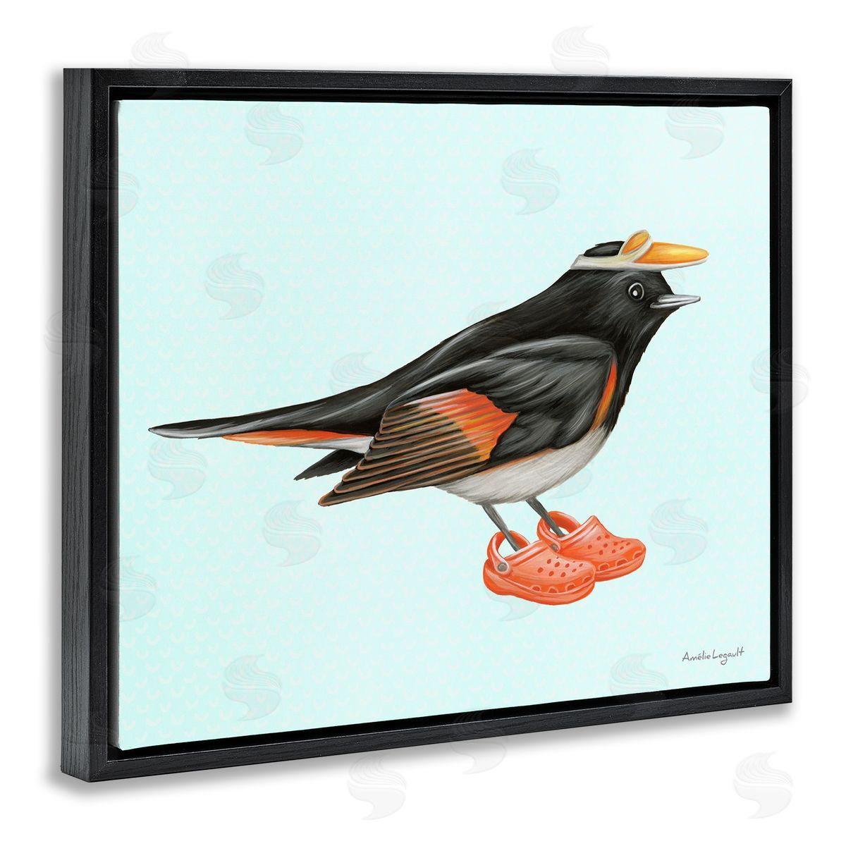 Amelie Legault Black Orange Bird Wearing Rubber Clogs Visor Black Floating Frame Canvas Wall Art Print