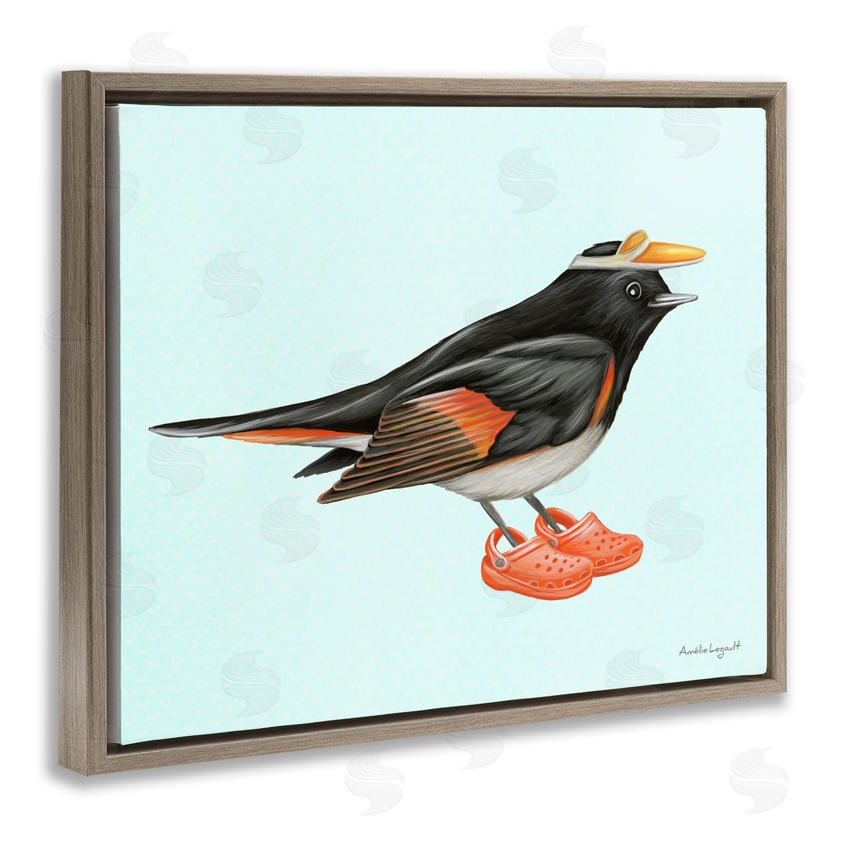 Amelie Legault Black Orange Bird Wearing Rubber Clogs Visor Brown Floating Frame Canvas Wall Art Print