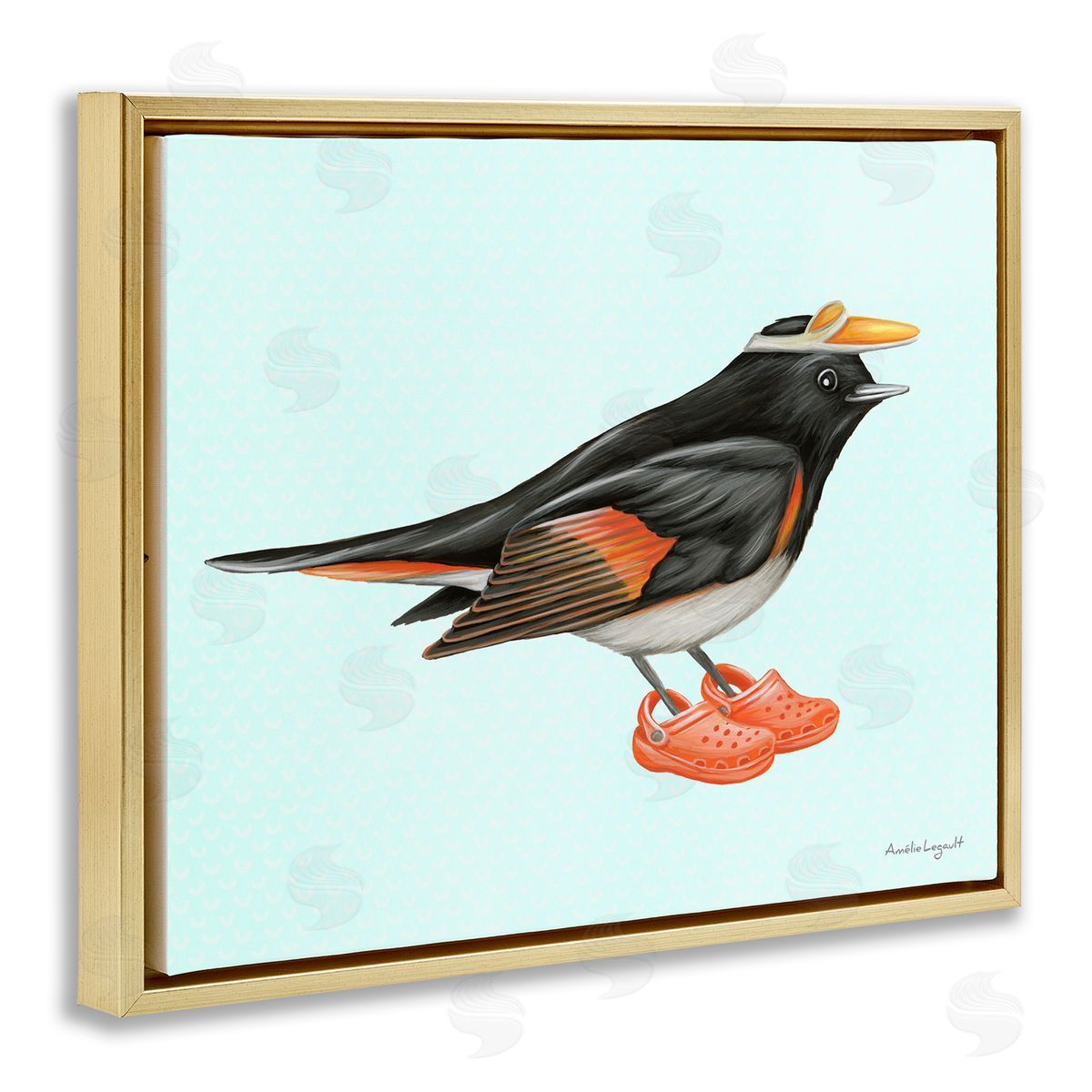 Amelie Legault Black Orange Bird Wearing Rubber Clogs Visor Gold Floating Frame Canvas Wall Art Print