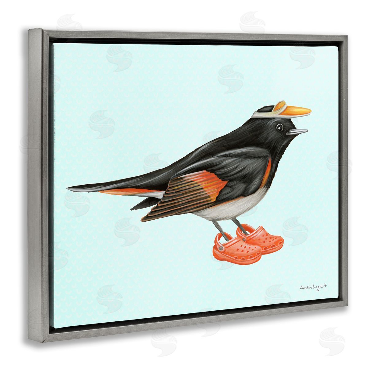 Amelie Legault Black Orange Bird Wearing Rubber Clogs Visor Gray Floating Frame Canvas Wall Art Print
