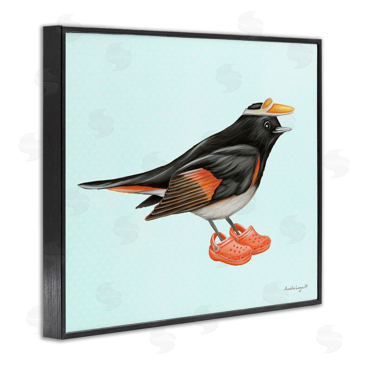 Amelie Legault Black Orange Bird Wearing Rubber Clogs Visor Black Framed Giclee Wall Art Print