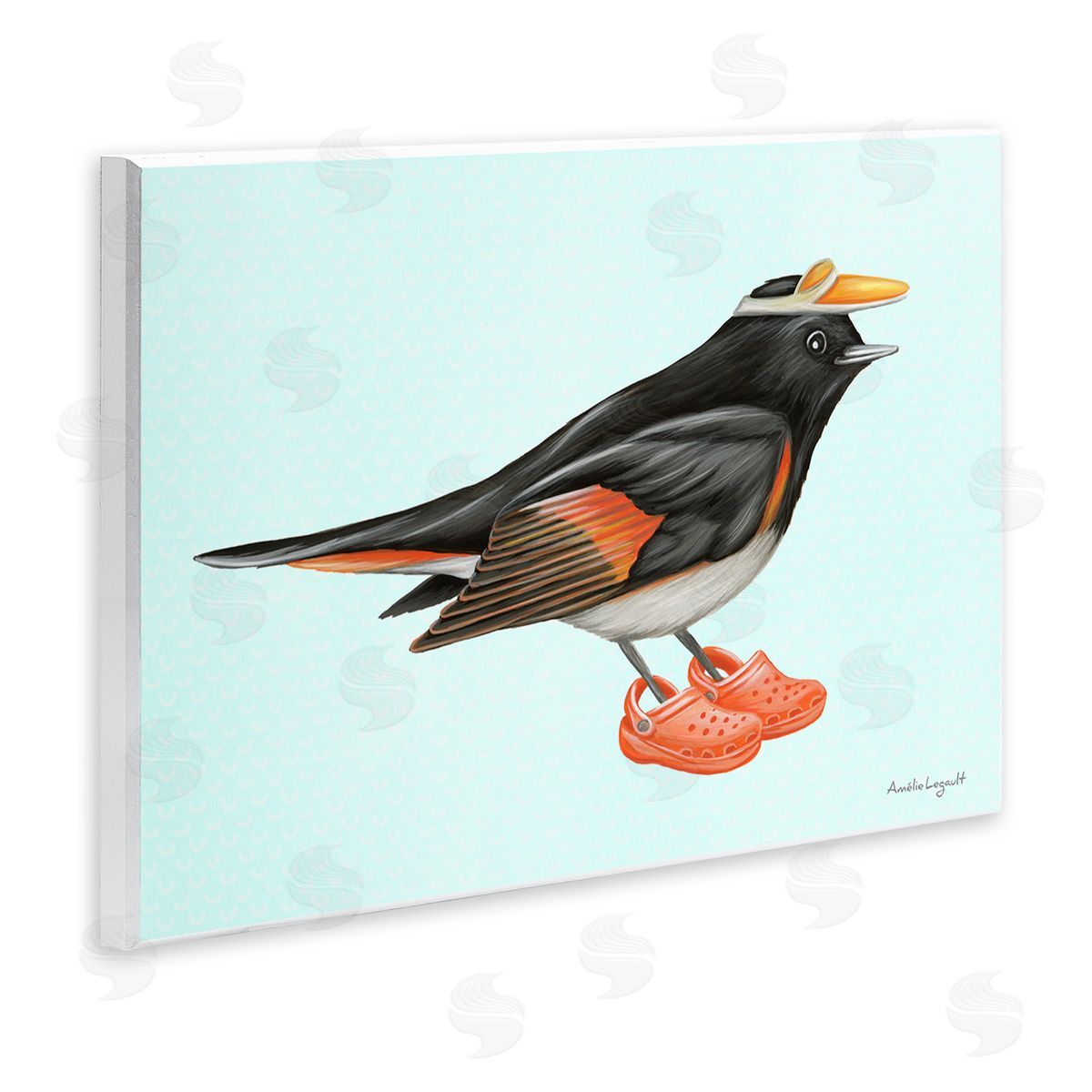 Amelie Legault Black Orange Bird Wearing Rubber Clogs Visor Wall Plaque Art Print