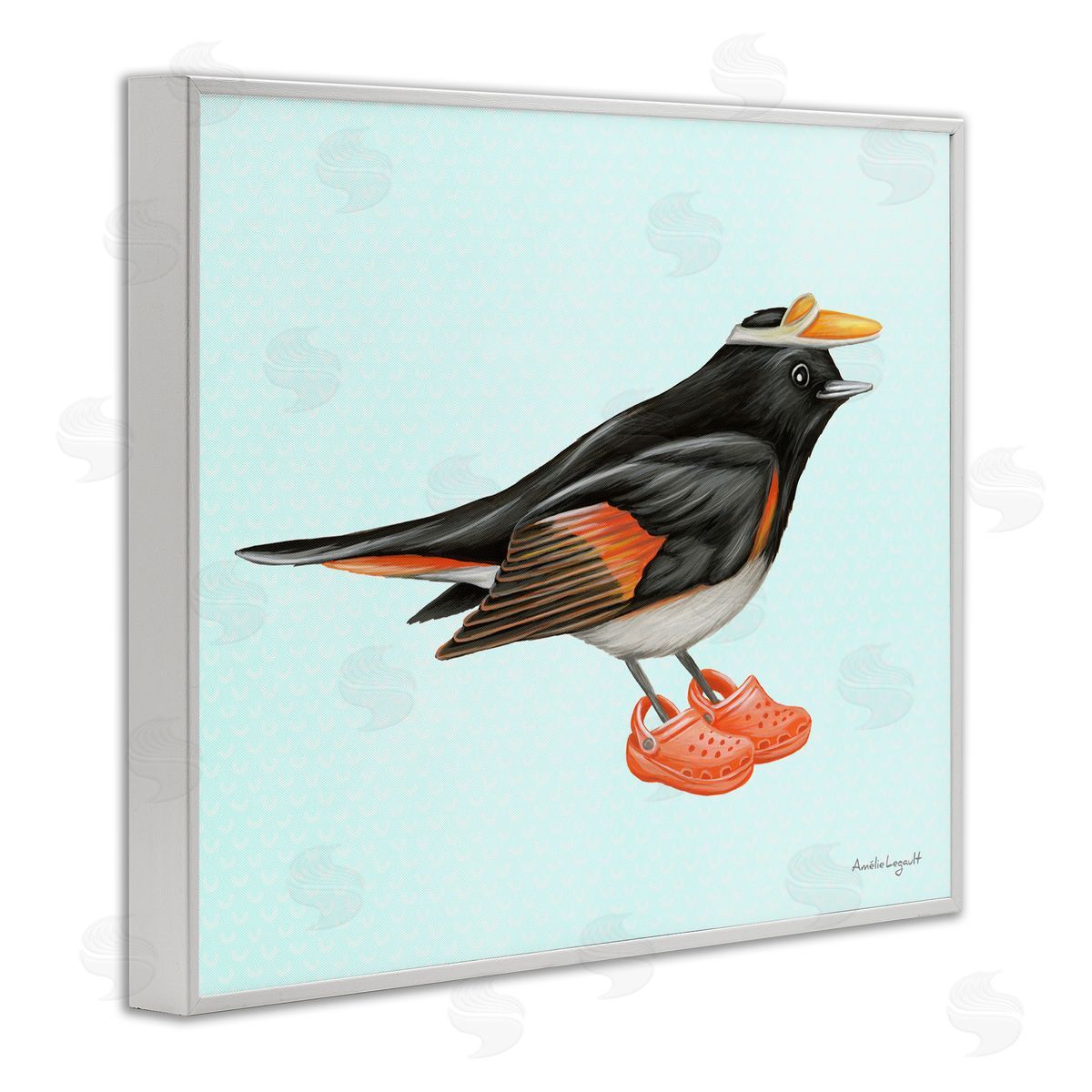 Amelie Legault Black Orange Bird Wearing Rubber Clogs Visor White Framed Giclee Wall Art Print