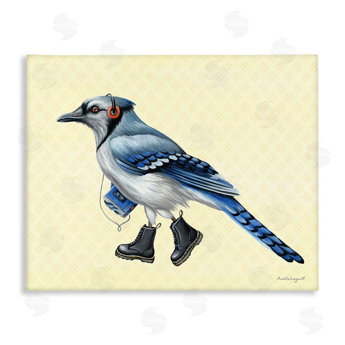 Amelie Legault Blue Jay Bird Combat Boots Retro Tape Cassette Stretched Canvas Wall Art Print