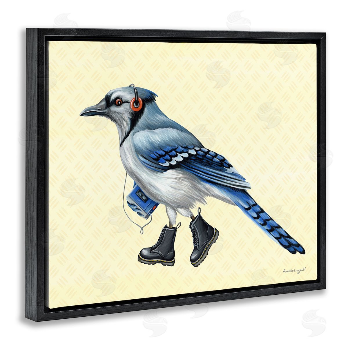 Amelie Legault Blue Jay Bird Combat Boots Retro Tape Cassette Black Floating Frame Canvas Wall Art Print