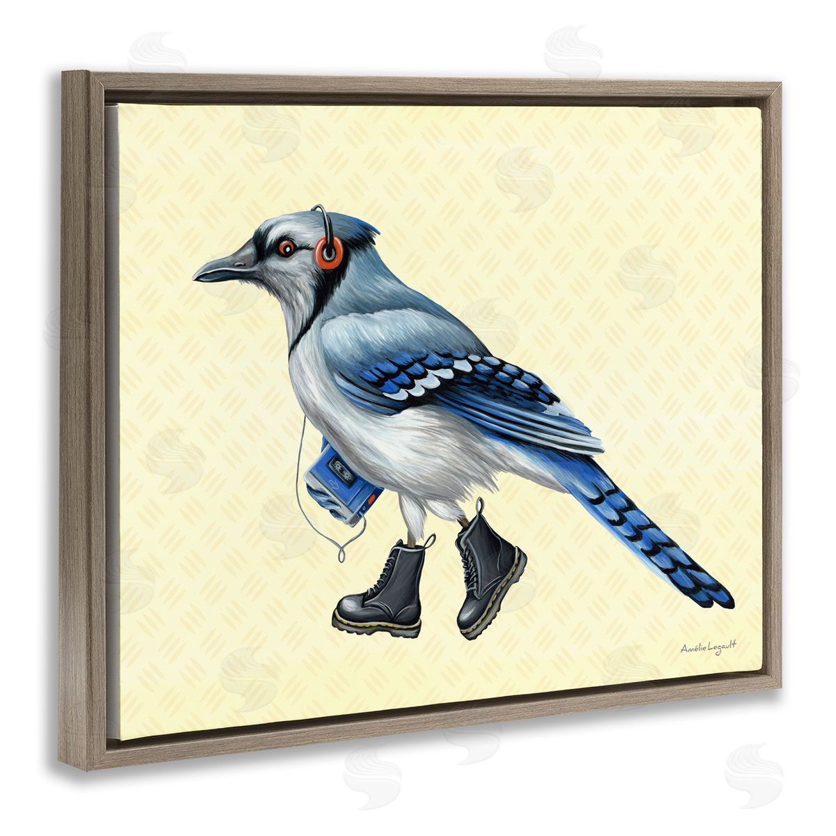 Amelie Legault Blue Jay Bird Combat Boots Retro Tape Cassette Brown Floating Frame Canvas Wall Art Print