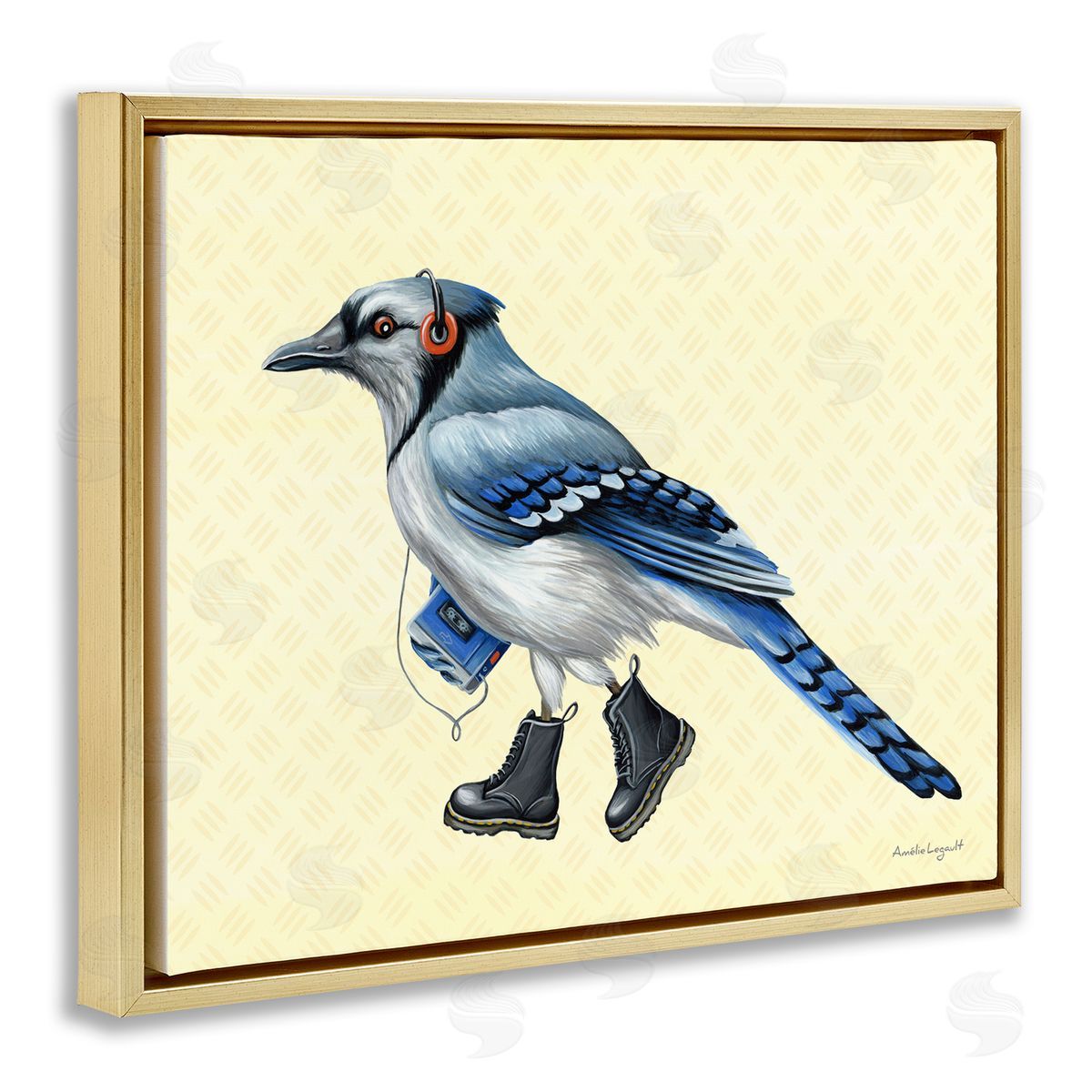 Amelie Legault Blue Jay Bird Combat Boots Retro Tape Cassette Gold Floating Frame Canvas Wall Art Print