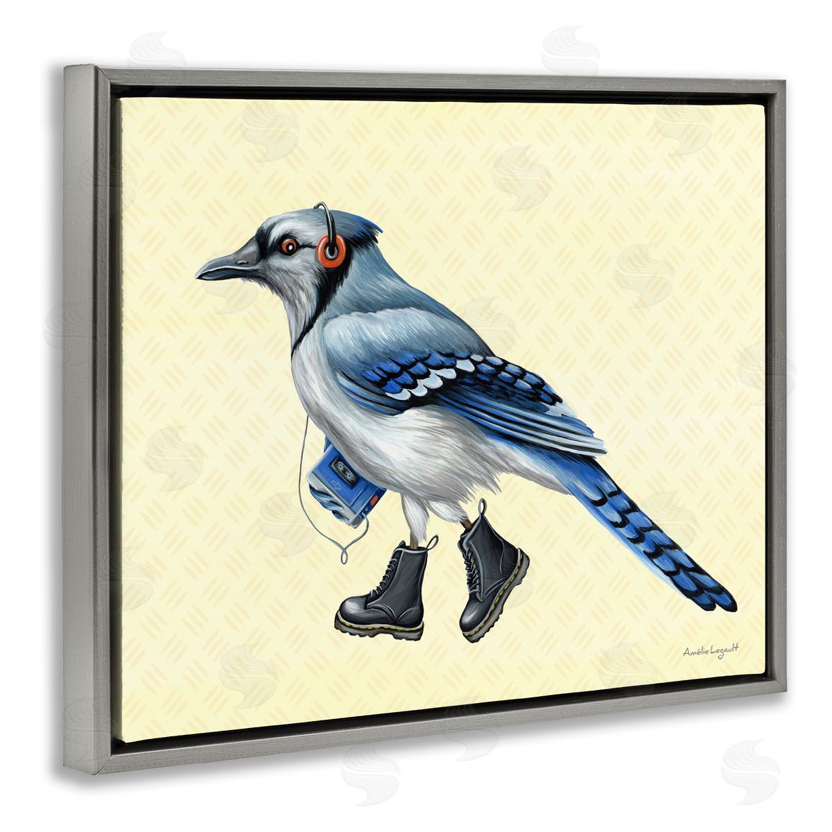 Amelie Legault Blue Jay Bird Combat Boots Retro Tape Cassette Gray Floating Frame Canvas Wall Art Print