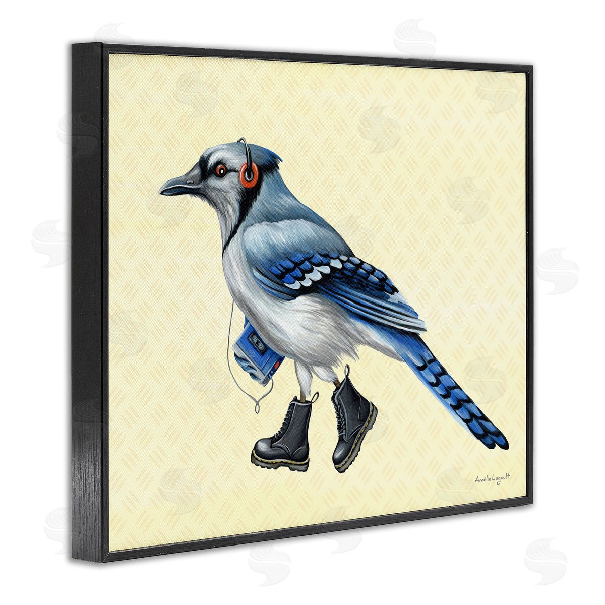 Amelie Legault Blue Jay Bird Combat Boots Retro Tape Cassette Black Framed Giclee Wall Art Print