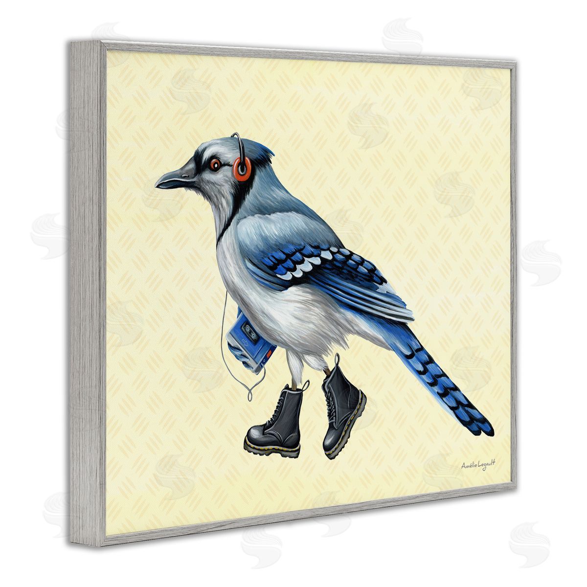 Amelie Legault Blue Jay Bird Combat Boots Retro Tape Cassette Gray Framed Giclee Wall Art Print