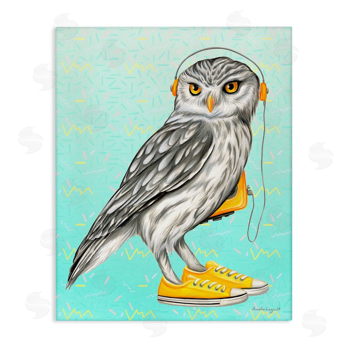 Amelie Legault Owl Wearing Yellow Sneakers Headphones Retro Pattern Stretched Canvas Wall Art Print