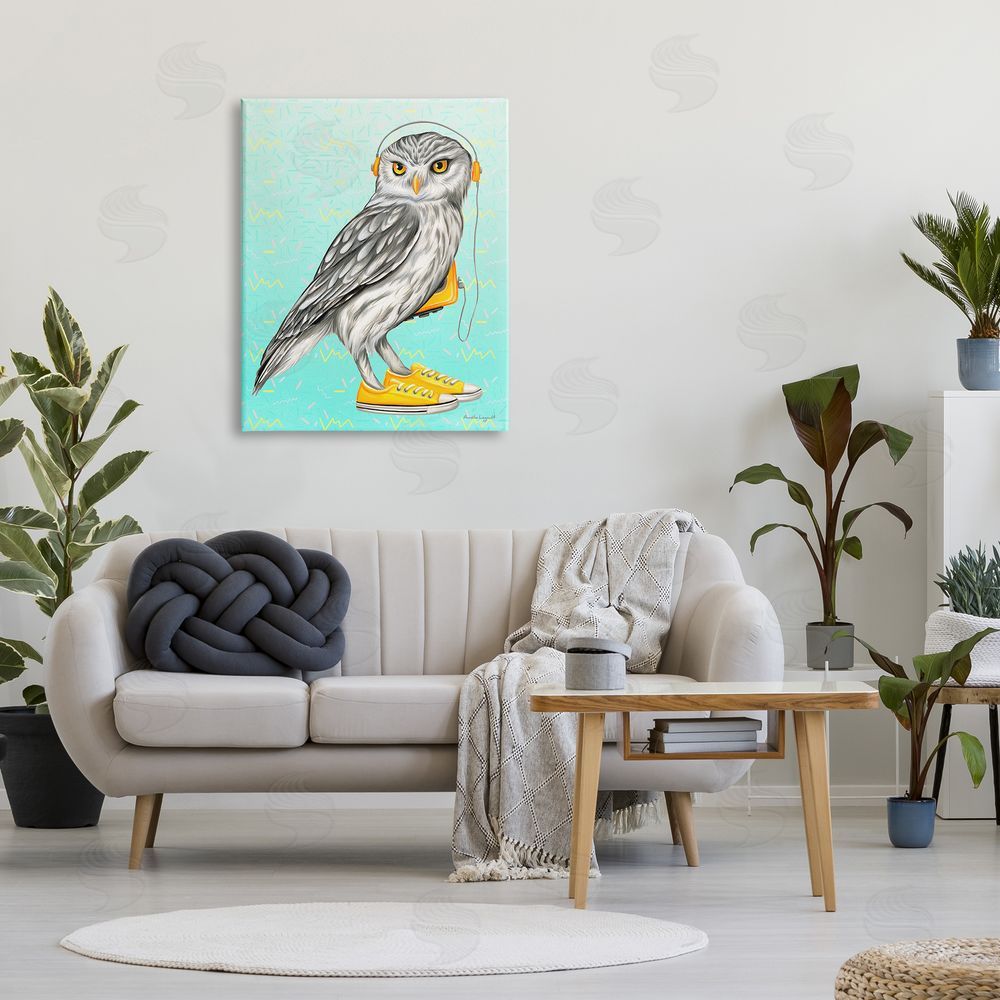 Amelie Legault Owl Wearing Yellow Sneakers Headphones Retro Pattern Canvas Wall Art Print in Room